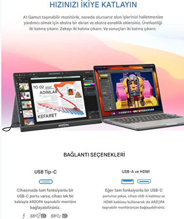 Arzopa A1 Gamut 15.6" Full HD 60Hz IPS Ultra İnce Taşınabilir Monitör