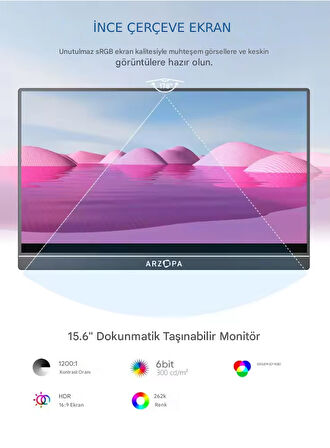 Arzopa A1 T 15.6" Full HD 60Hz IPS Ultra İnce Dokunmatik Taşınabilir Monitör