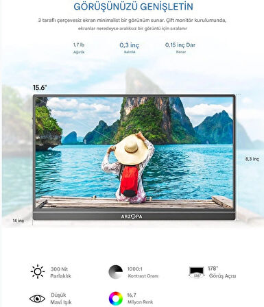 Arzopa S1 Table 15.6" Full HD 60Hz IPS Ultra İnce Taşınabilir Monitör