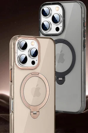 Fuchsia iPhone 15 Pro Max ile Uyumlu HBC-338 Andes Kablosuz Şarj Özellikli Standlı Kapak - Gri