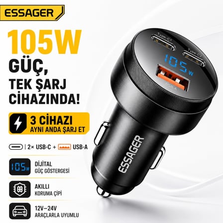 Essager 12V-24V 105W Dijital Ekranlı Süper Hızlı Araç Şarj Cihazı 2x Type-C + USB-A 3 Port PD PPS Hızlı Şarj 