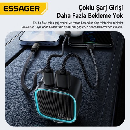 ESSAGER 45W Hızlı Şarj Araç Şarj Cihazı Type C 75cm Çekilebilir Kablo USB-C USB-A 3'lü Çıkış 12V/24V