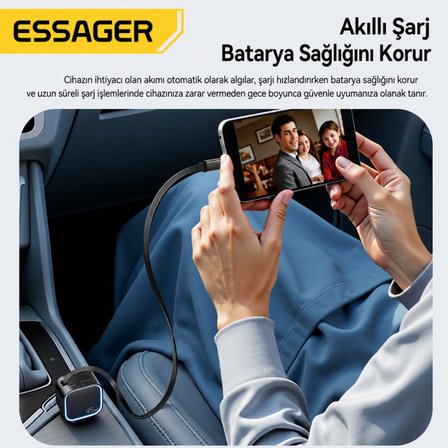 ESSAGER 45W Hızlı Şarj Araç Şarj Cihazı Type C 75cm Çekilebilir Kablo USB-C USB-A 3'lü Çıkış 12V/24V