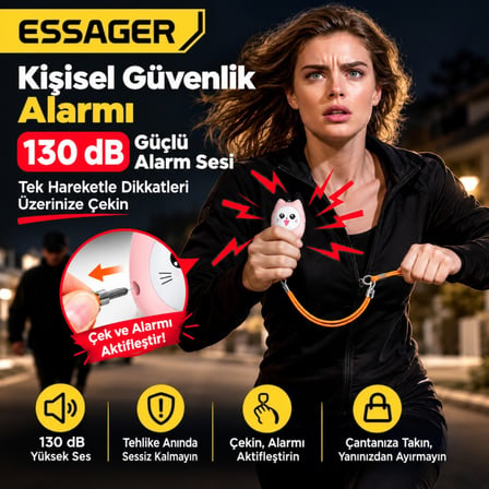 ESSAGER 130 dB Kişisel Güvenlik Alarmı – LED Fenerli, Çekmeli Acil Durum Alarmı, 450mAh Şarjlı Taşınabilir Anahtarlık Pembe