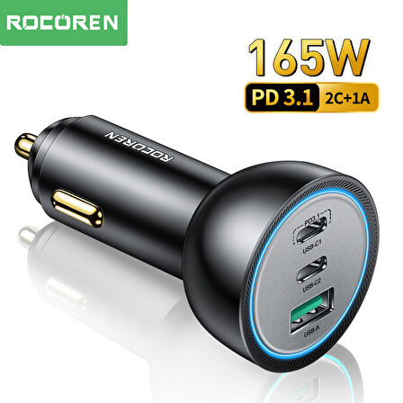 Rocoren 165W 3 Portlu PD3.1 2*Type-C ve USB-A Araç içi Hızlı Şarj Cihazı + 1 Metre 240W Kablo