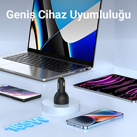 Rocoren 165W 3 Portlu PD3.1 2*Type-C ve USB-A Araç içi Hızlı Şarj Cihazı + 1 Metre 240W Kablo