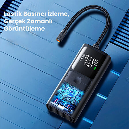 Rocoren 150PSI 4000mAh Şarjlı Taşınabilir Hava Pompası Araç Lastik, Bisiklet, Top Şişirme (Powerbank+Led Lamba+Lcd Ekran)