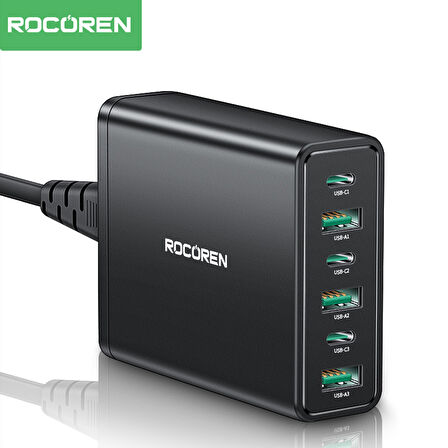 Rocoren 60W 3*Type-C ve 3*USB-A 6 Portlu Şarj Cihazı Masaüstü Şaej istasyonu