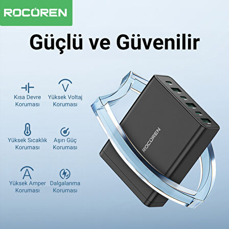Rocoren 60W 3*Type-C ve 3*USB-A 6 Portlu Şarj Cihazı Masaüstü Şaej istasyonu
