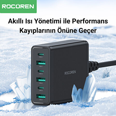 Rocoren 60W 3*Type-C ve 3*USB-A 6 Portlu Şarj Cihazı Masaüstü Şaej istasyonu