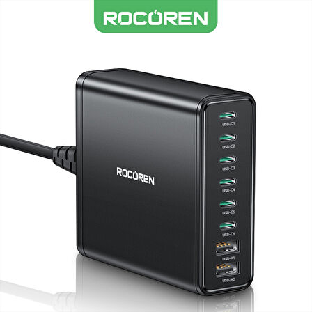 Rocoren 200W GaN 8 Portlu Şarj Cihazı 6*Type-C 2*USB-A Macbook iPhone Samsung Uyumlu Şarj İstasyonu