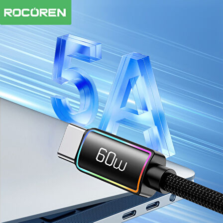 Rocoren 60W Type-C to Type-C RGB Aydınlatmalı Örgülü Şarj ve Data Kablosu 3 Metre