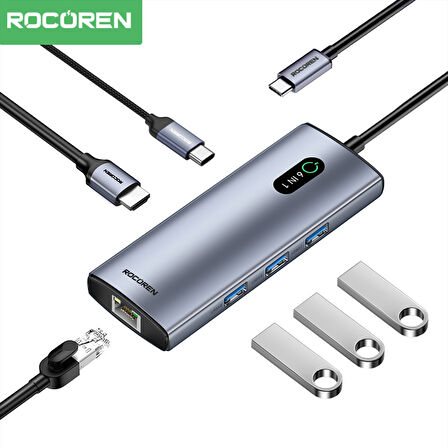 Rocoren 6 Portlu 4K 30Hz Gigabit Ethernet 3*USB3.0 PD 100W Destekli Hub Çoklayıcı