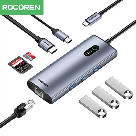 Rocoren 8 Portlu 4K 30Hz Gigabit Ethernet SD TF Kart Okuyuculu 3*USB3.0 PD 100W Destekli Hub Çoklayıcı