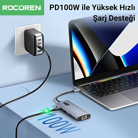 Rocoren 8 Portlu 4K 30Hz Gigabit Ethernet SD TF Kart Okuyuculu 3*USB3.0 PD 100W Destekli Hub Çoklayıcı