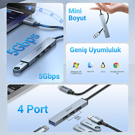 Rocoren Type-C 5Gbps 4 Portlu USB-A 3.0 Çoklayıcı Dönüştürücü Hub