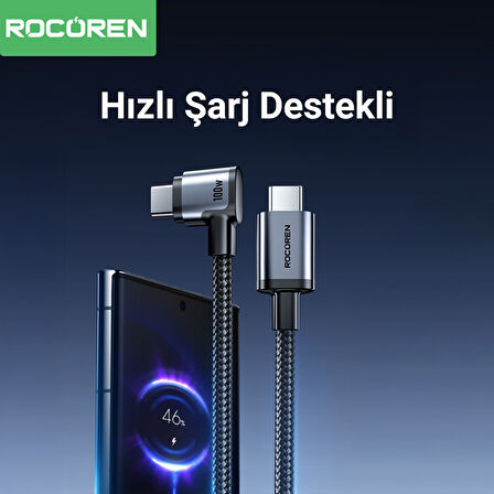 Rocoren 100W Type-C to Type-C 90° Örgülü PD Hızlı Şarj ve Data Kablosu 2 Metre
