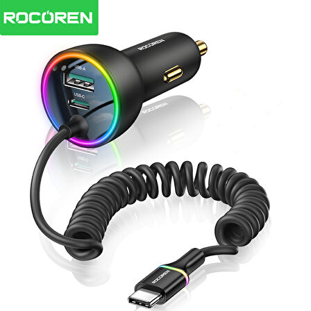 Rocoren 70W 3 Portlu 2*Type-C 1*USB-A Spiral Kablolu LED Işıklı Araç İçi Hızlı Şarj Cihazı