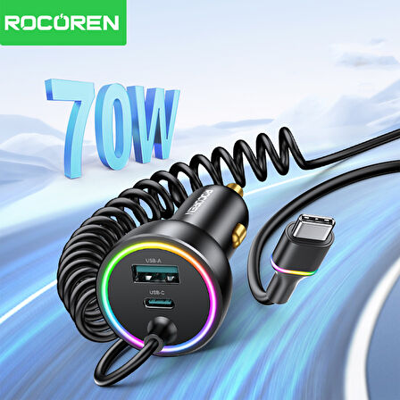 Rocoren 70W 3 Portlu 2*Type-C 1*USB-A Spiral Kablolu LED Işıklı Araç İçi Hızlı Şarj Cihazı