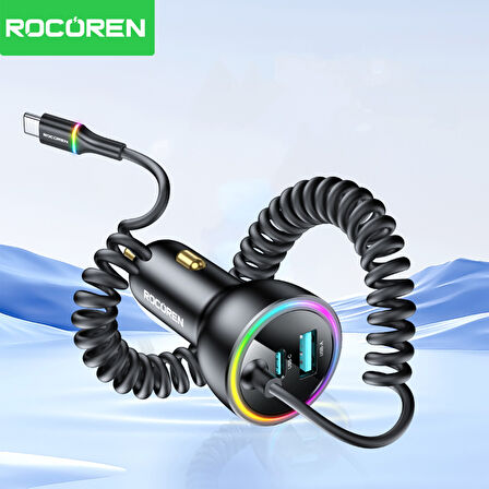 Rocoren 70W 3 Portlu 2*Type-C 1*USB-A Spiral Kablolu LED Işıklı Araç İçi Hızlı Şarj Cihazı