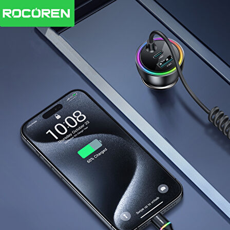 Rocoren 70W 3 Portlu 2*Type-C 1*USB-A Spiral Kablolu LED Işıklı Araç İçi Hızlı Şarj Cihazı