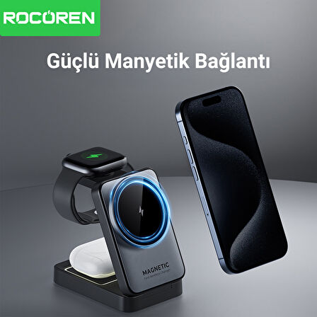 Rocoren 3‘ü 1 Arada iPhone Airpods Apple Watch MagSafe Uyumlu Kablosuz Şarj Cihazı Stand