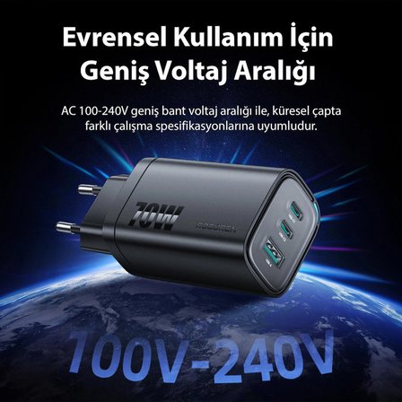 Rocoren 70W GaN Şarj Cihazı Type-C ve USB-A 3-Portlu Hızlı Şarj Aleti