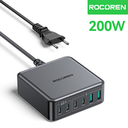 Rocoren 200W Gan 6 Portlu Şarj Cihazı 4*Type-C 2*USB-A Macbook iPhone Samsung Uyumlu Şarj İstasyonu