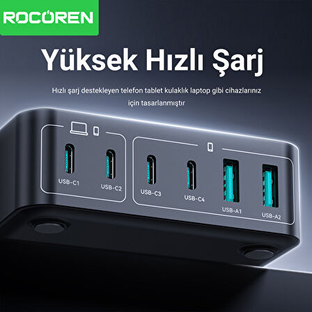 Rocoren 200W Gan 6 Portlu Şarj Cihazı 4*Type-C 2*USB-A Macbook iPhone Samsung Uyumlu Şarj İstasyonu