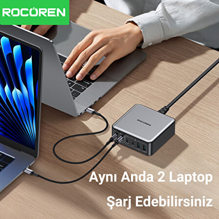 Rocoren 200W Gan 6 Portlu Şarj Cihazı 4*Type-C 2*USB-A Macbook iPhone Samsung Uyumlu Şarj İstasyonu