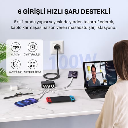 Rocoren 100W GaN 6 Portlu 3*Type-C 3*USB-A Masaüstü Hızlı Şarj İstasyonu Telefon, Tablet Uyumlu Çoklu Cihaz Şarj Aleti