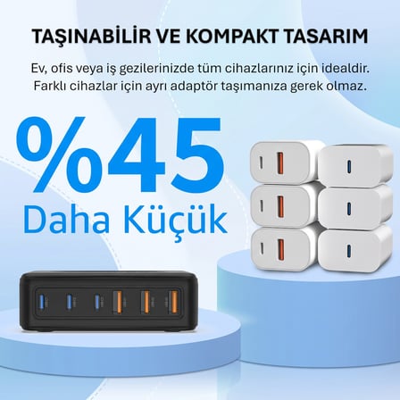 Rocoren 100W GaN 6 Portlu 3*Type-C 3*USB-A Masaüstü Hızlı Şarj İstasyonu Telefon, Tablet Uyumlu Çoklu Cihaz Şarj Aleti