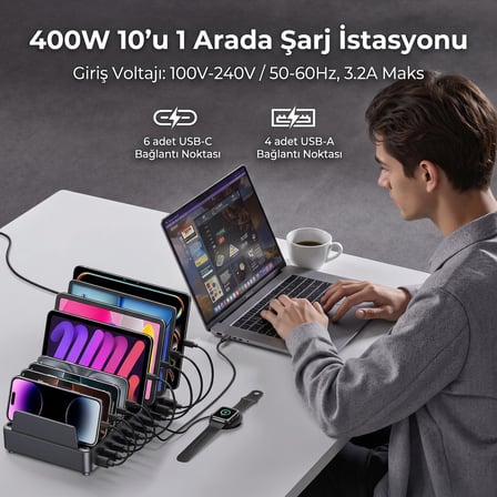 Rocoren 400W PD GaN 10 Portlu Masaüstü Şarj İstasyonu 6*Type-C 4*USB-A Tablet ve Telefon Hızlı Şarj Cihazı