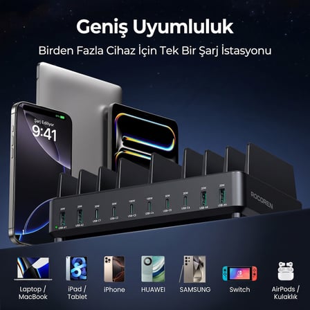 Rocoren 400W PD GaN 10 Portlu Masaüstü Şarj İstasyonu 6*Type-C 4*USB-A Tablet ve Telefon Hızlı Şarj Cihazı