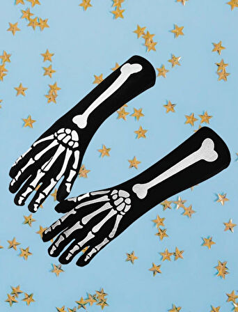 Halloween Cadılar Bayramı İskelet Dekorlu Eldiven Pari Korku Kostümü