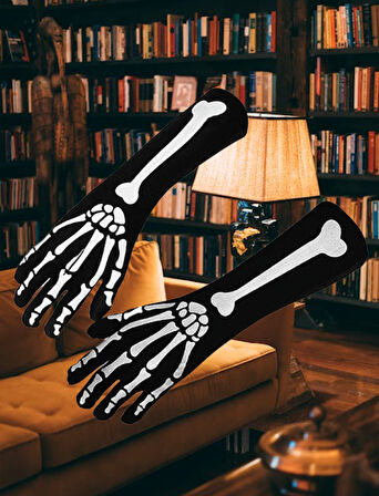 Halloween Cadılar Bayramı İskelet Dekorlu Eldiven Pari Korku Kostümü
