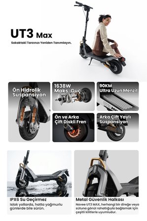 Ut3 Max Elektrikli Scooter - 1638W Güç, 28 Eğim, 130 kg Taşıma Kapasitesi, Tcs, Find My