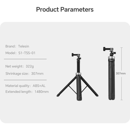 Telesın Tripod & Selfie Çubuğu (1.5m) Gopro, Osmo Action Uyumlu, 360° AYARLANABILIR