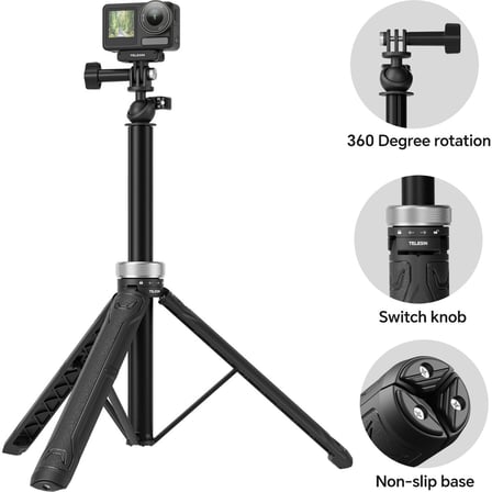 Telesın Tripod & Selfie Çubuğu (1.5m) Gopro, Osmo Action Uyumlu, 360° AYARLANABILIR