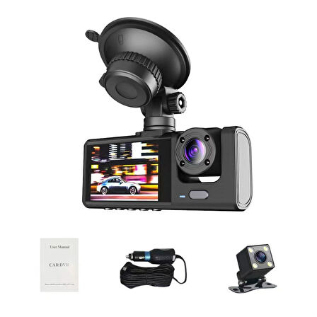 Wodimark 1080P Dash Cam Araç Kamerası | 3 Kamera (Ön + Arka + İç) | Full HD, Gece Görüşü, G-Sensör, Geniş Açı, 2.0" LCD Ekran