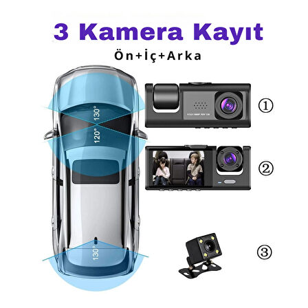 Wodimark 1080P Dash Cam Araç Kamerası | 3 Kamera (Ön + Arka + İç) | Full HD, Gece Görüşü, G-Sensör, Geniş Açı, 2.0" LCD Ekran