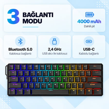 AKKO MONSGEEK FUN60 Ultra Shine-Through Black TMR Hall Effect Manyetik Switch ARGB Kablosuz Hotswap Mekanik Gaming Klavye