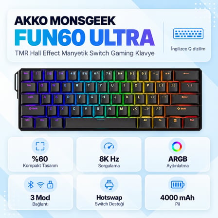 AKKO MONSGEEK FUN60 Ultra Shine-Through Black TMR Hall Effect Manyetik Switch ARGB Kablosuz Hotswap Mekanik Gaming Klavye