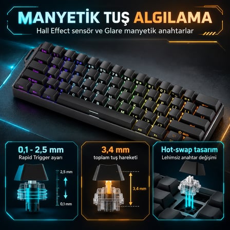 AKKO MONSGEEK FUN60 Ultra Shine-Through Black Hall Effect Manyetik Switch ARGB Kablosuz Hotswap Mekanik Gaming Klavye