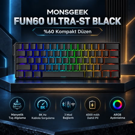 AKKO MONSGEEK FUN60 Ultra Shine-Through Black Hall Effect Manyetik Switch ARGB Kablosuz Hotswap Mekanik Gaming Klavye