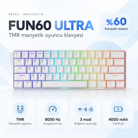 AKKO MONSGEEK FUN60 Ultra Shine-Through White TMR Hall Effect Manyetik Switch ARGB Kablosuz Hotswap Mekanik Gaming Klavye