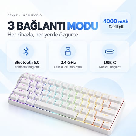 AKKO MONSGEEK FUN60 Ultra Shine-Through White TMR Hall Effect Manyetik Switch ARGB Kablosuz Hotswap Mekanik Gaming Klavye