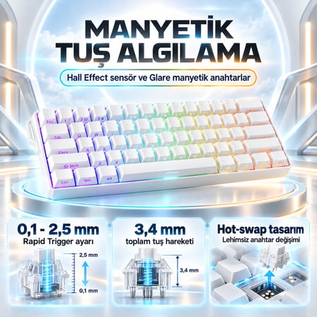 AKKO MONSGEEK FUN60 Ultra Shine-Through White Hall Effect Manyetik Switch ARGB Kablosuz Hotswap Mekanik Gaming Klavye