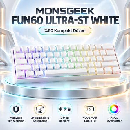 AKKO MONSGEEK FUN60 Ultra Shine-Through White Hall Effect Manyetik Switch ARGB Kablosuz Hotswap Mekanik Gaming Klavye