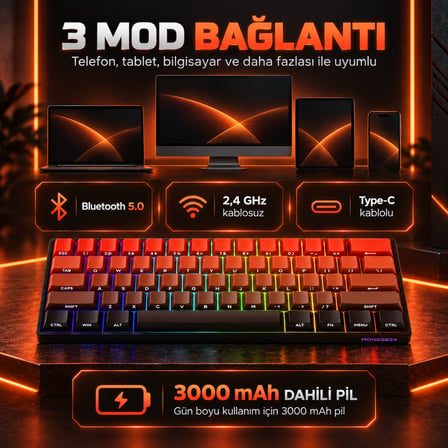 AKKO MONSGEEK FUN60 Max Shine-Through Blaze Gradient Hall Effect Manyetik Switch ARGB Kablosuz Hotswap Mekanik Gaming Klavye